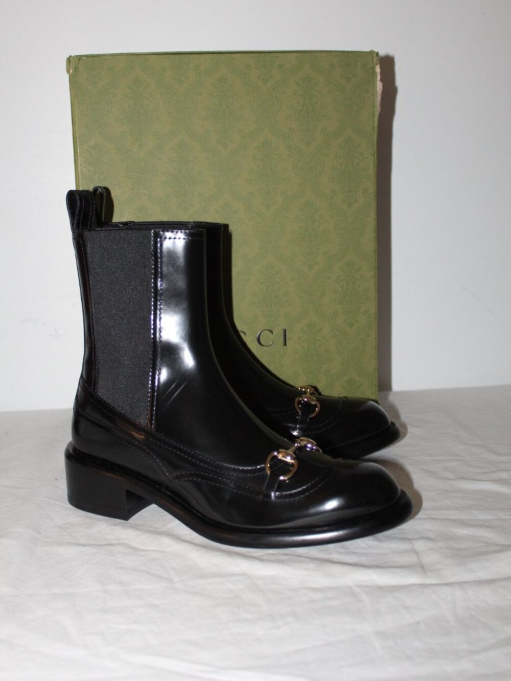 NEW Gucci Horsebit Regent Double Stretch Leather Black Boots Booties 39 847763